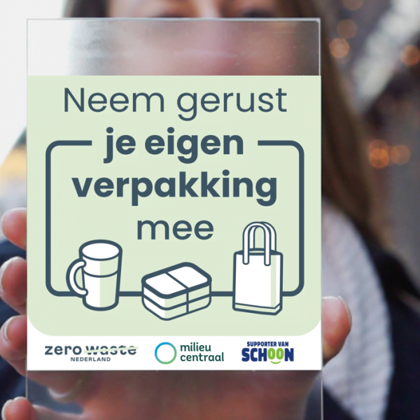 Sticker met de tekst: Neem gerust je eigen verpakking mee