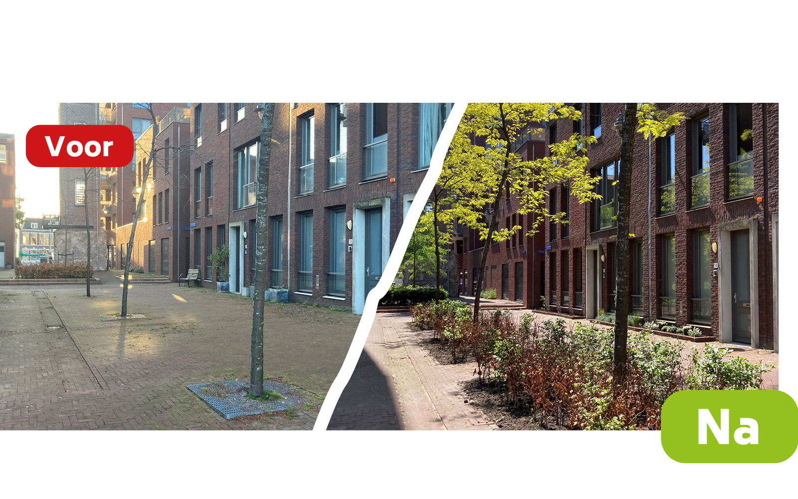Foto met de situatie voor en na de vergroening van de Kandeelstraat